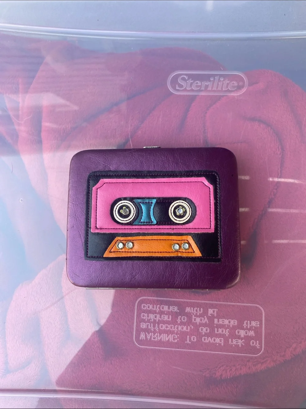 Purple Retro Cassette Earbud Wallet with Colorful Applique